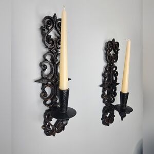 Vintage Burwood Black Candle Holder Wall Sconce Plastic Mold (Pair) 14"